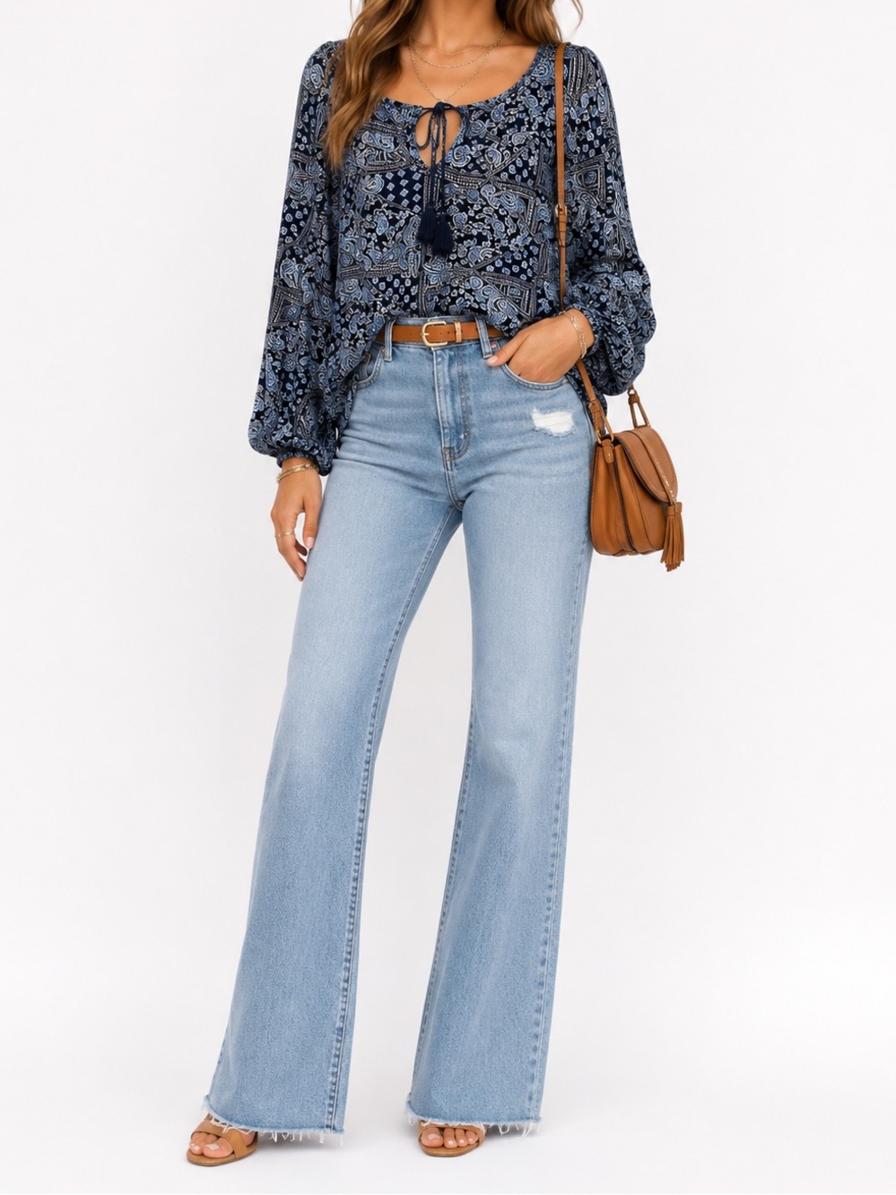 Lucky Brand Blue Paisley Patterned Tie Front Blouse